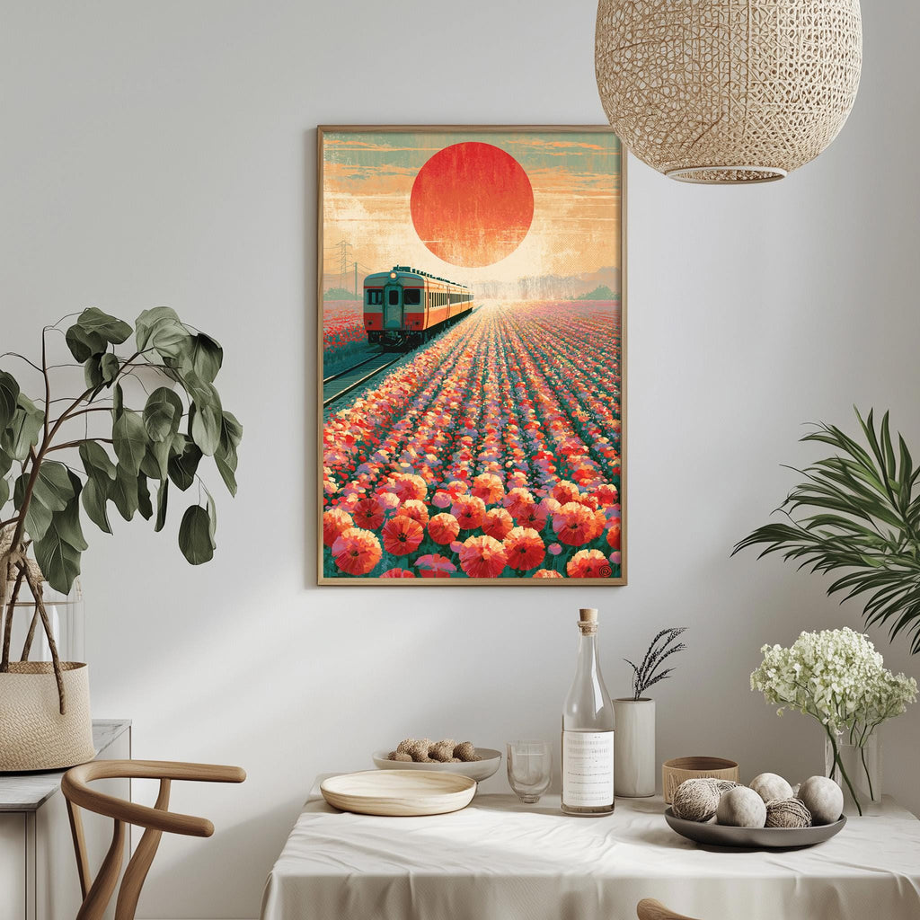 a framed painting of a train traveling through a field of flowers, with a large sun in the background. The painting is hung on a wall above a dining table with various decorative items and plants.