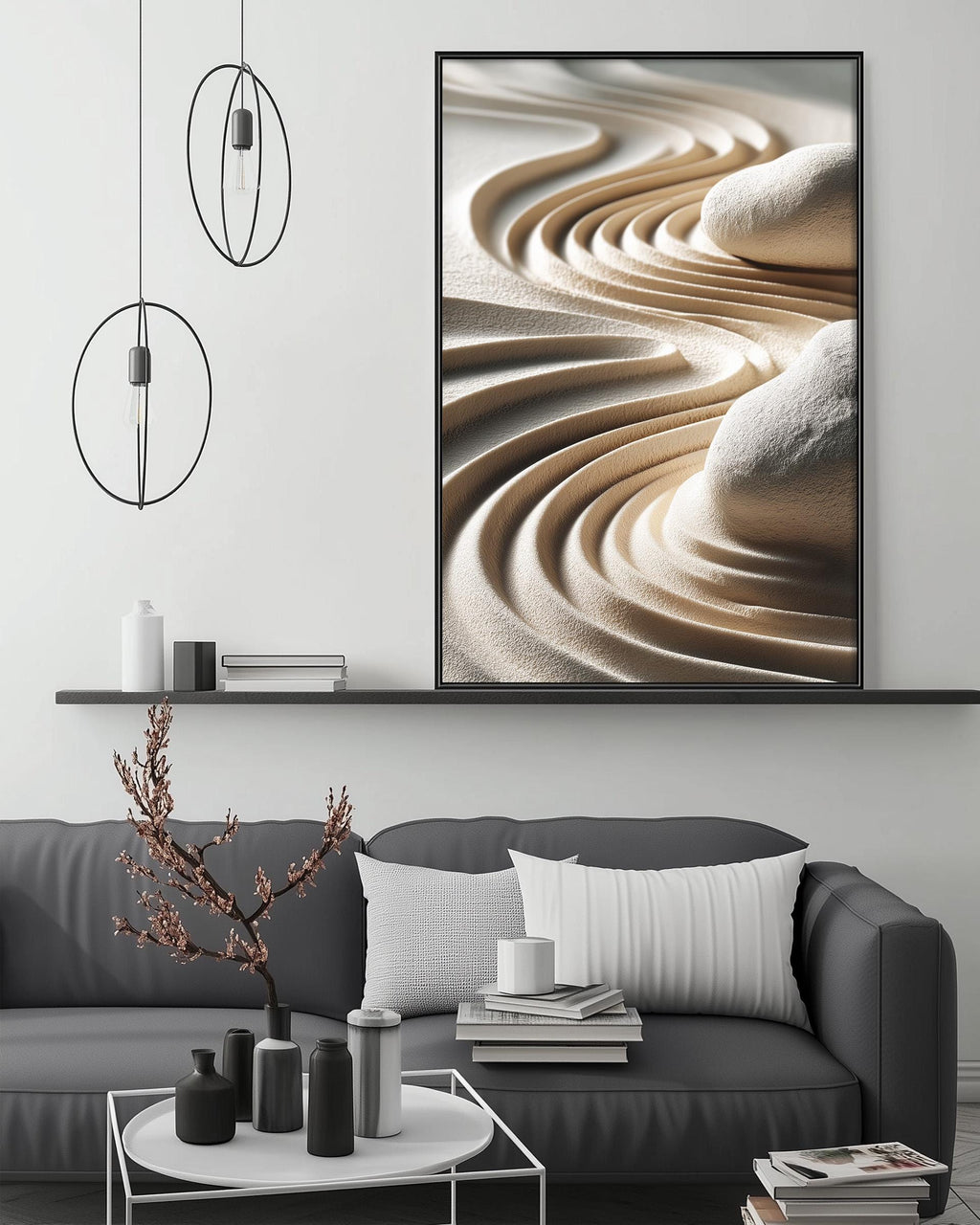 a modern living room with a gray sofa, a coffee table, and a large abstract painting hanging on the wall above the sofa.