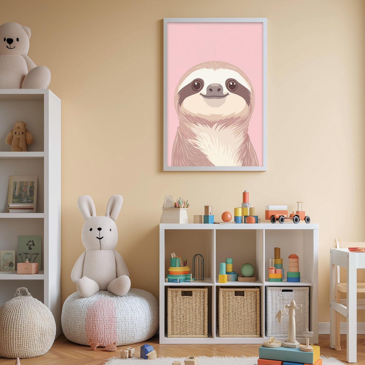 A child's bedroom with a sloth-themed poster on the wall, a white bookshelf filled with toys, and a bean bag chair.