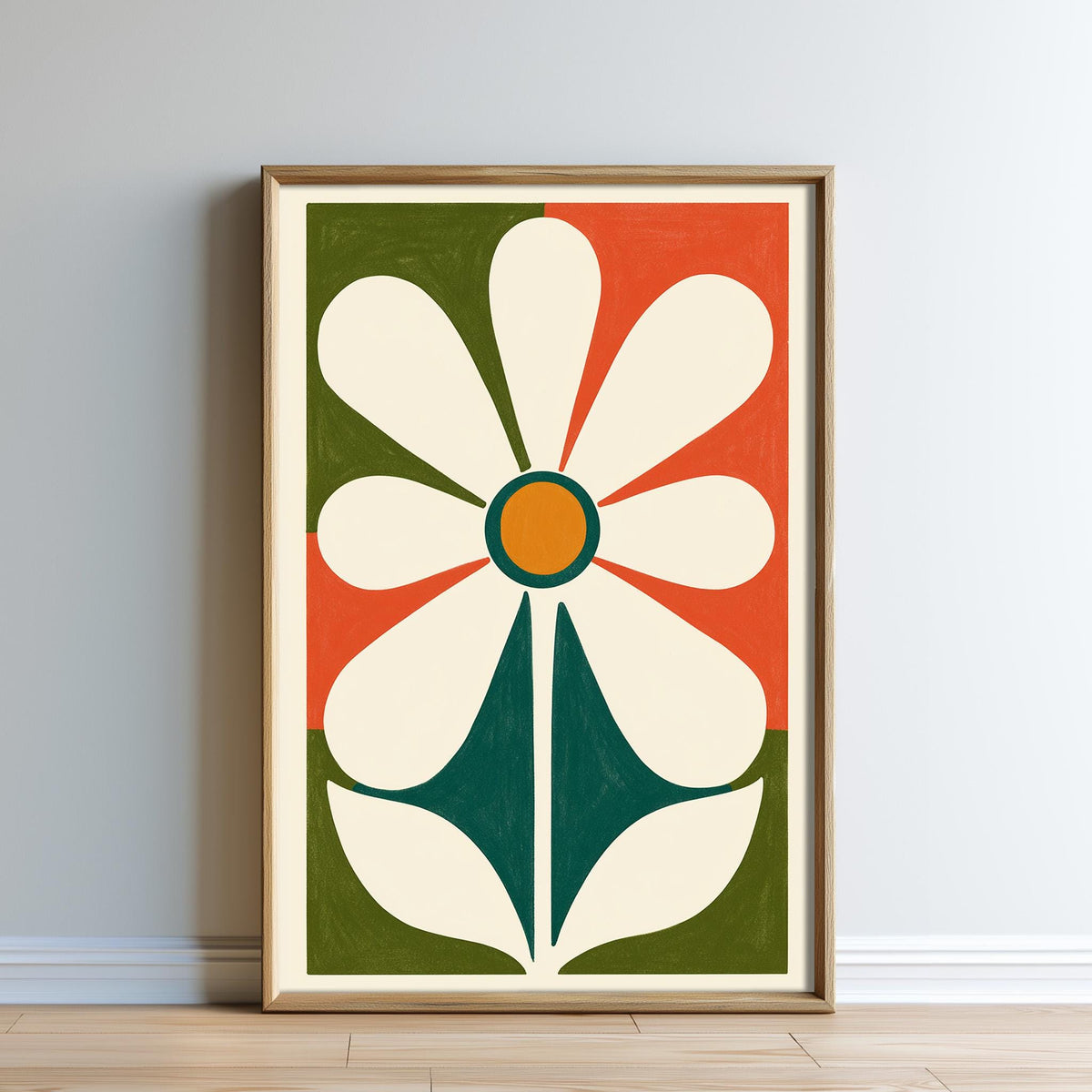 a framed poster with a large, stylized flower design in various colors, including white, green, orange, and red.