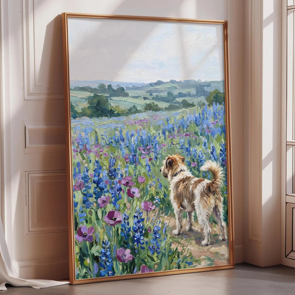 A large framed painting depicting a dog standing in a field of blue flowers, with a scenic landscape in the background.