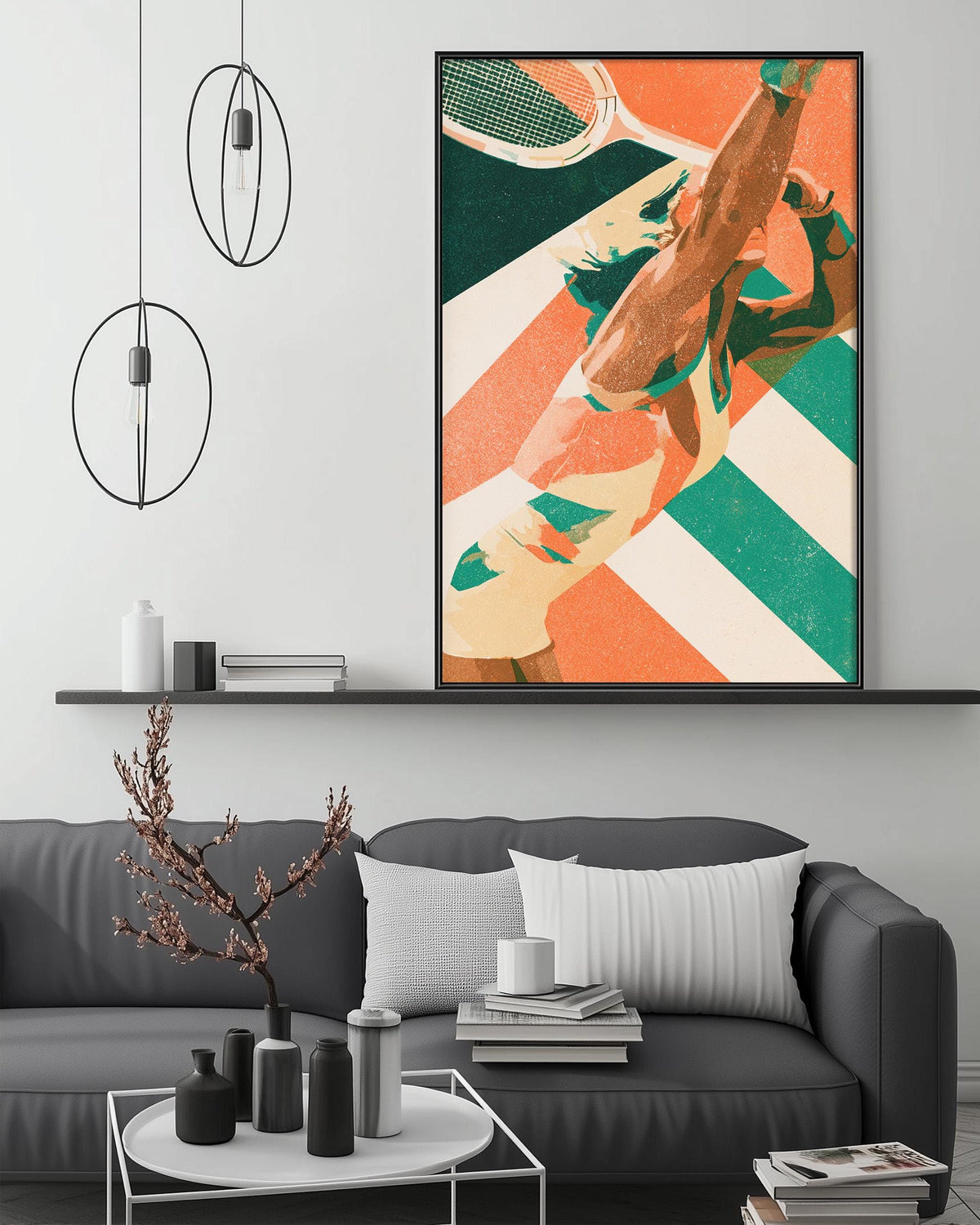 a modern living room with a gray sofa, a coffee table, and a large abstract painting hanging on the wall above the sofa.