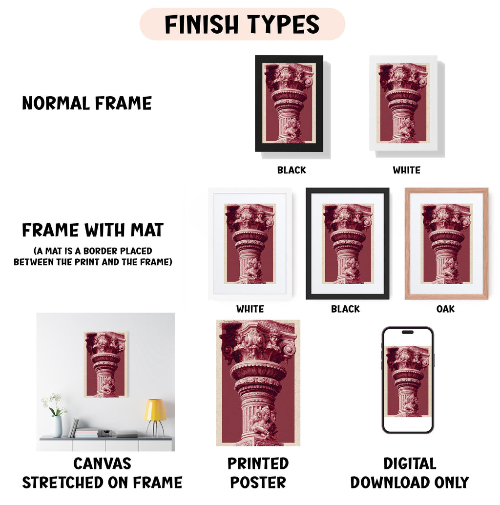 various finish types for a framed artwork, including a normal frame, a frame with a mat, a white frame, a black frame, an oak frame, a white canvas stretched on a frame, a printed poster, and a digital download only.