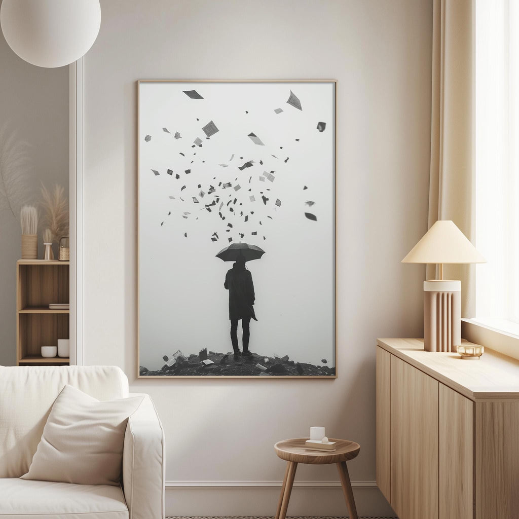 a person standing in a room with a large black and white poster of a person holding an umbrella, surrounded by scattered pieces of paper.