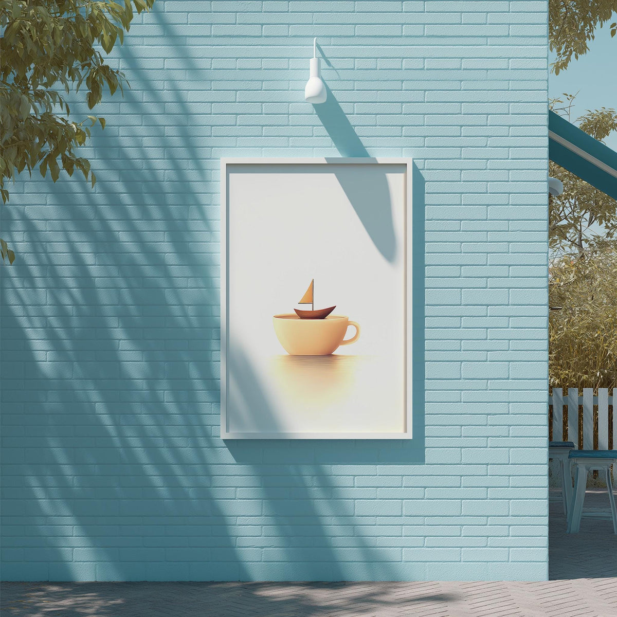 A framed image of a sailboat on a cup is displayed on a blue brick wall, with a white light fixture above it.