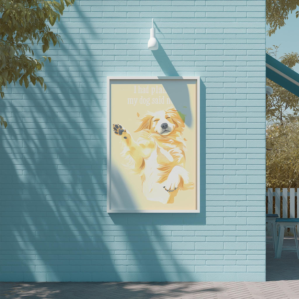 A framed poster of a dog is displayed on a light blue brick wall, with a tree and a white light fixture above it.