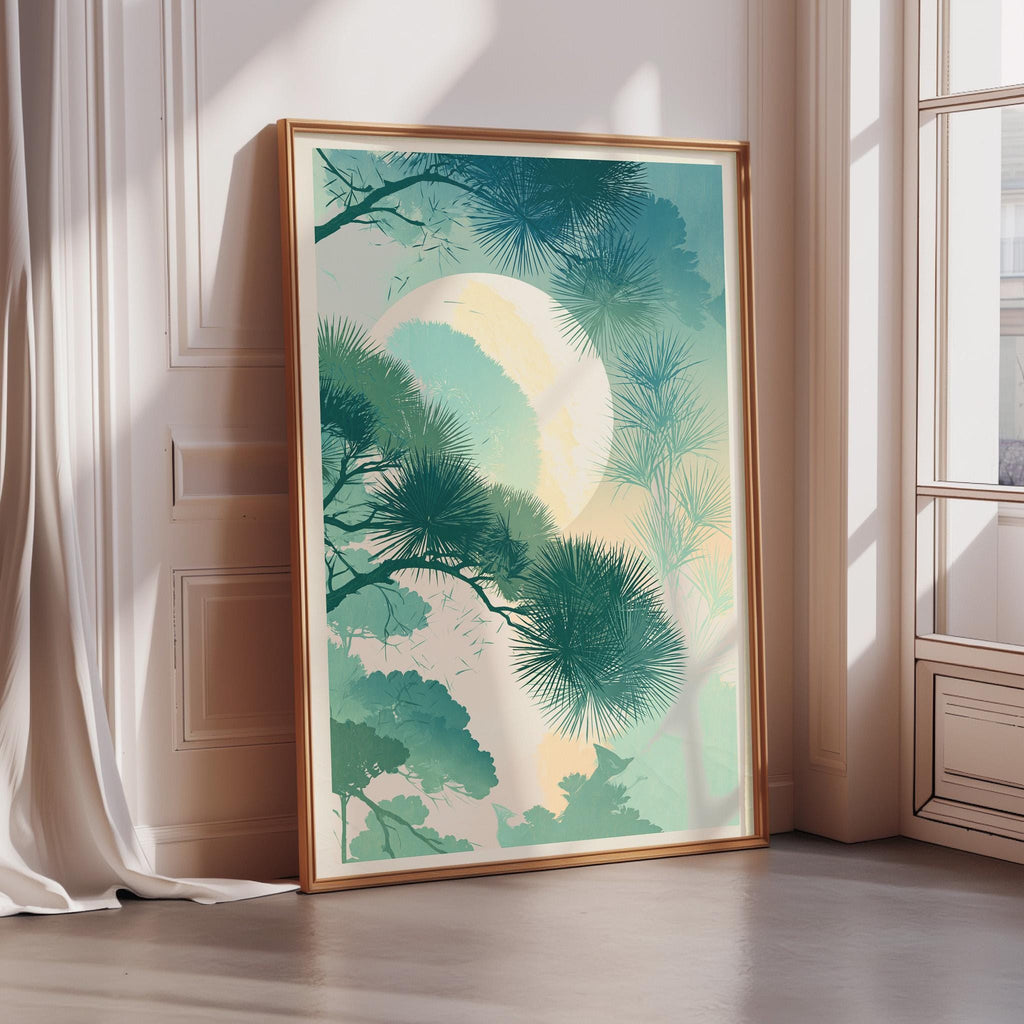 a large framed artwork depicting a serene landscape with a full moon, palm trees, and a cloudy sky.