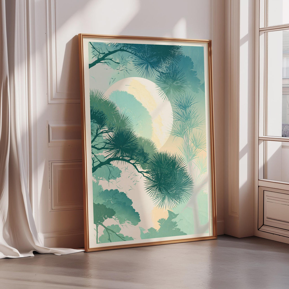 a large framed artwork depicting a serene landscape with a full moon, palm trees, and a cloudy sky.