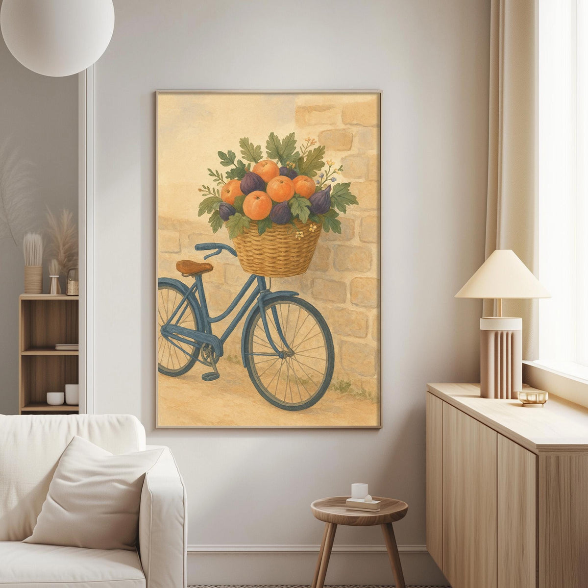 a cozy living room with a white sofa, a wooden side table, and a framed painting of a bicycle with a basket of fruit hanging on the wall.