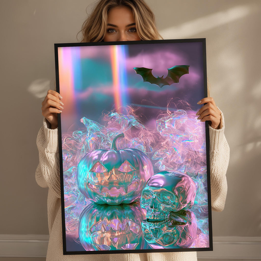 A woman holds up a framed image depicting a Halloween scene with a pumpkin, a bat, and a skull, all rendered in a vibrant, colorful style.