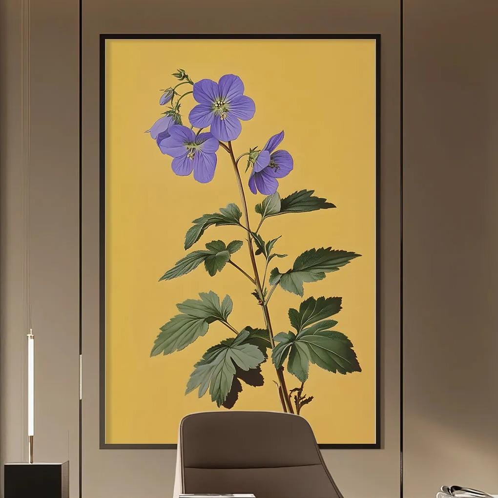 a modern and well-organized office space with a large wooden desk, a comfortable chair, and a framed artwork featuring a purple flower on the wall.