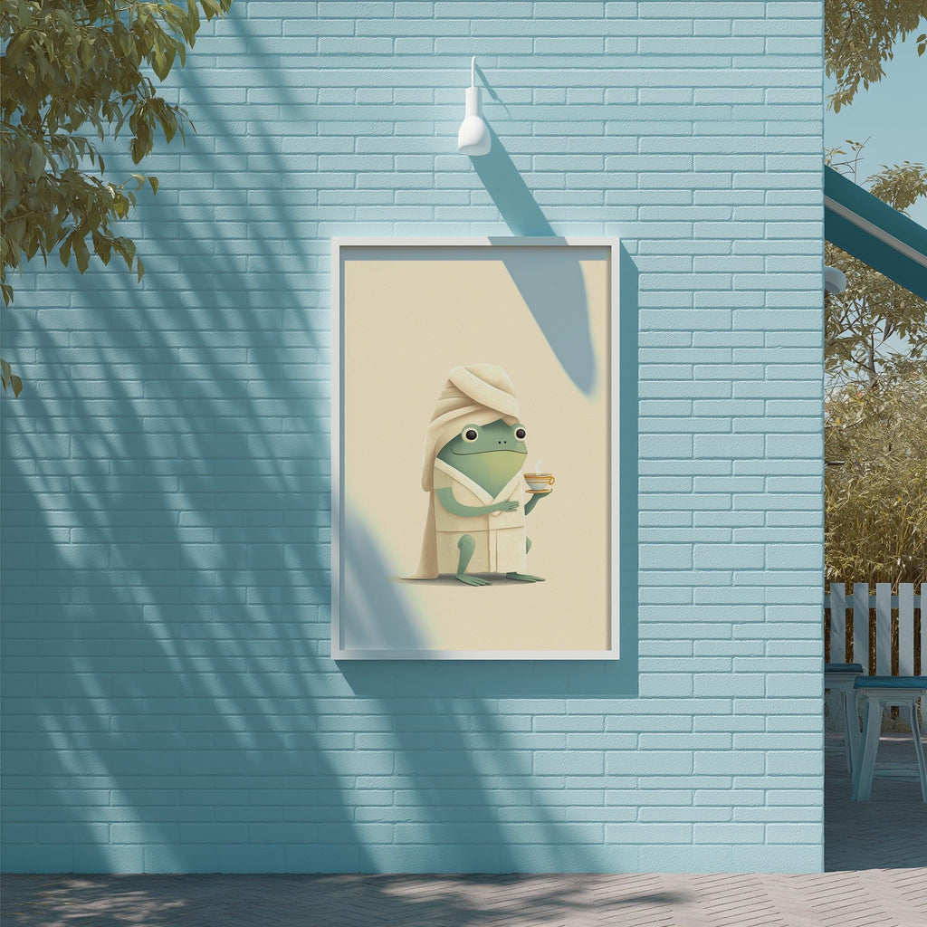 a framed illustration of a frog wearing a bathrobe and holding a cup, set against a blue brick wall.