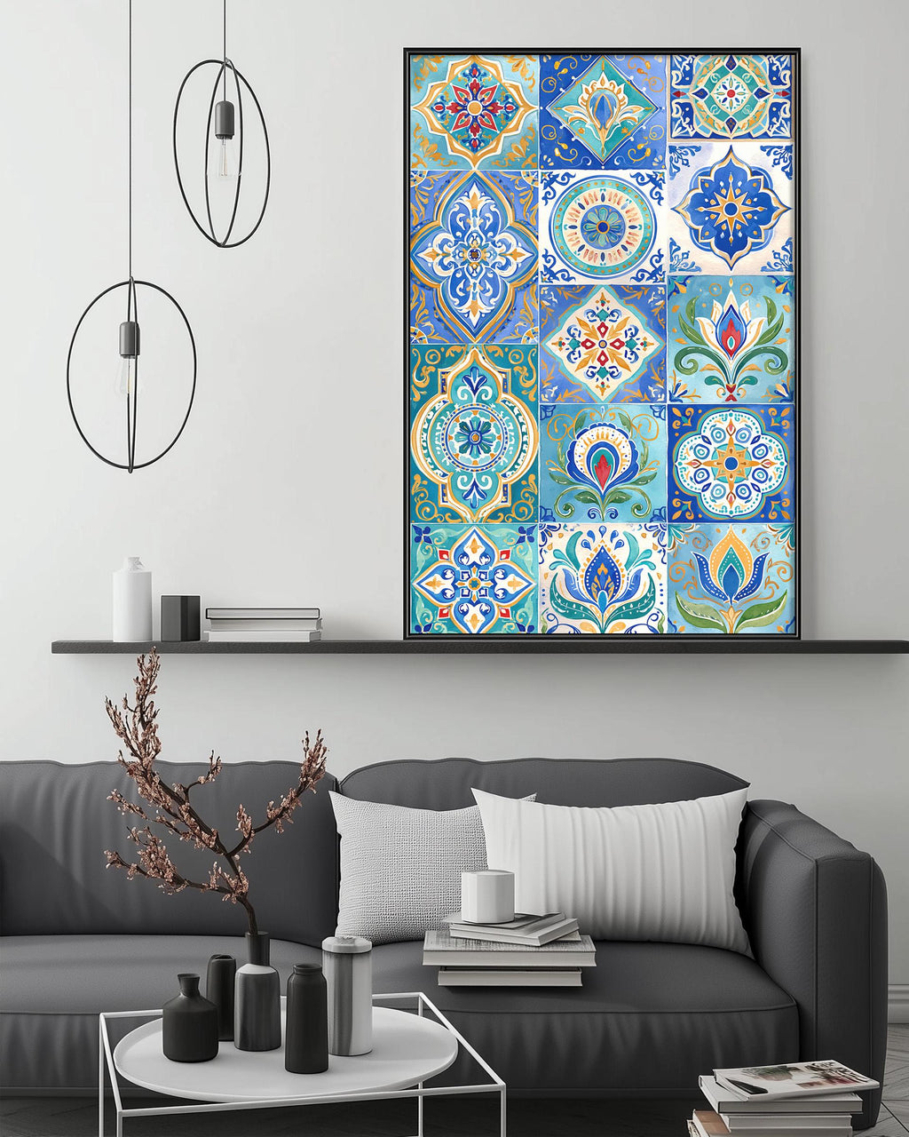 a modern living room with a gray sofa, a coffee table, and a large framed print of colorful tile patterns hanging on the wall above the sofa.