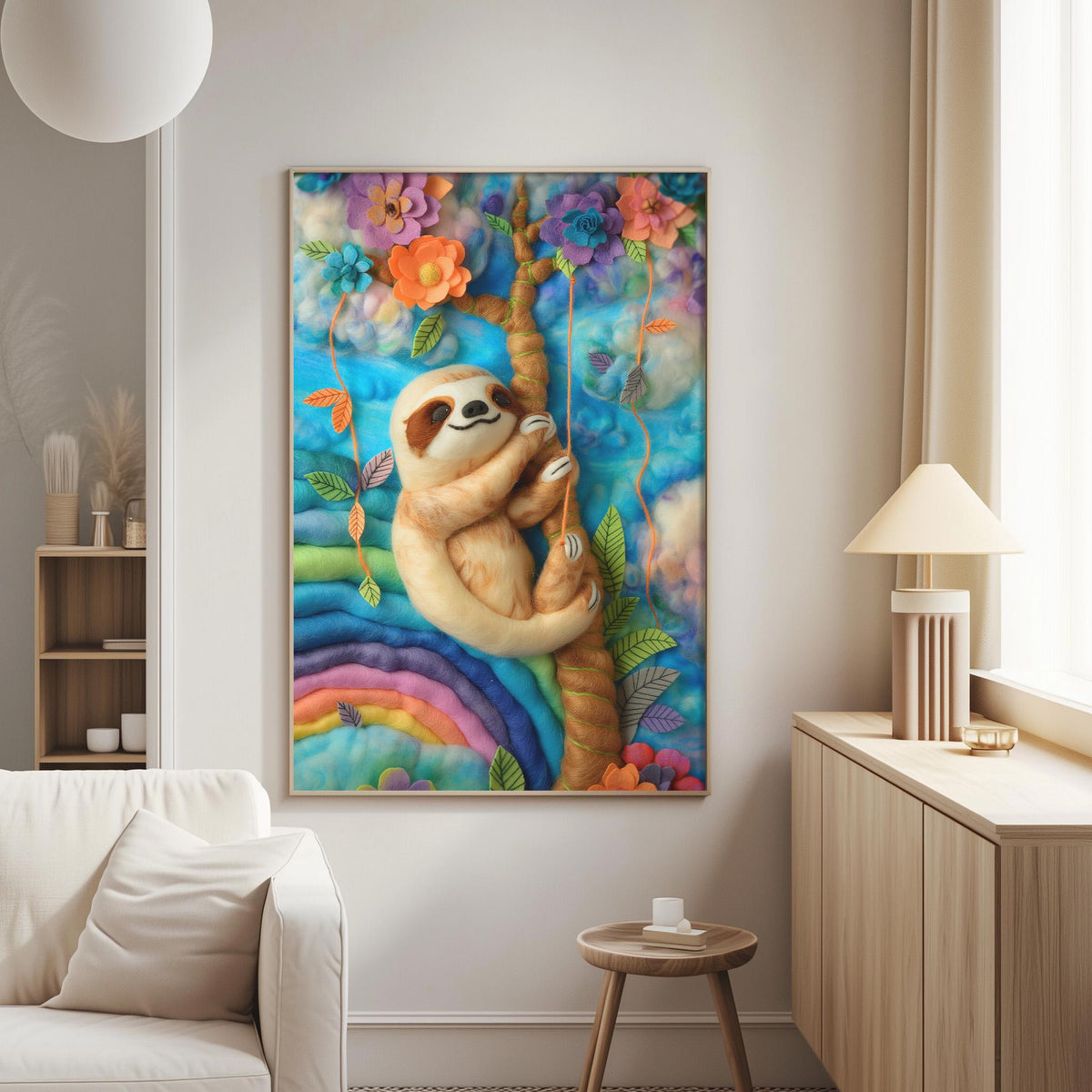 a vibrant and whimsical painting of a sloth hanging on a wall in a cozy living room setting.