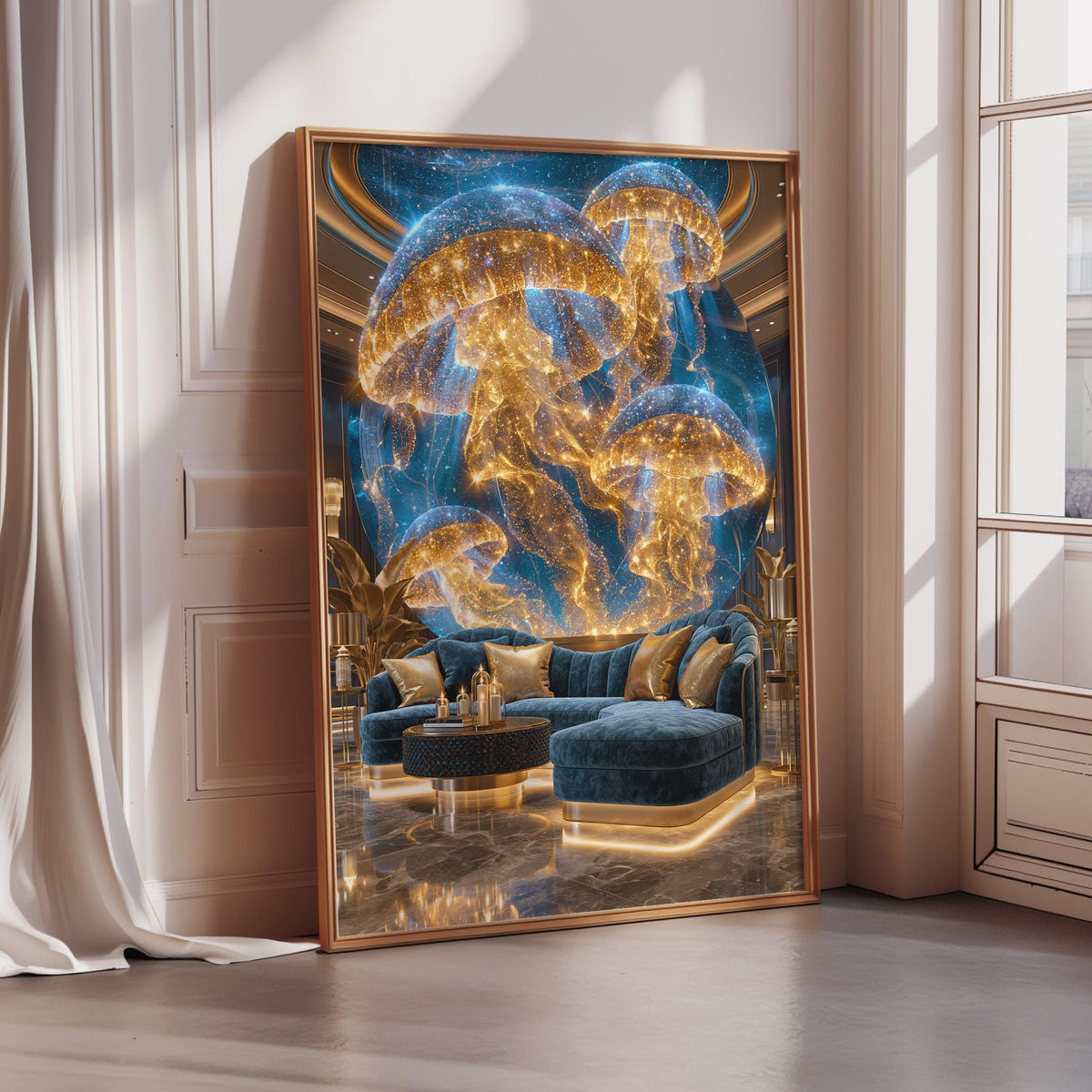 a luxurious living room with a plush blue sofa, a coffee table, and a large mirror that reflects the room's interior. The mirror is framed in gold and is placed on a white wall. The room has a warm, inviting atmosphere with a chandelier and a large window that allows natural light to fill the space.
