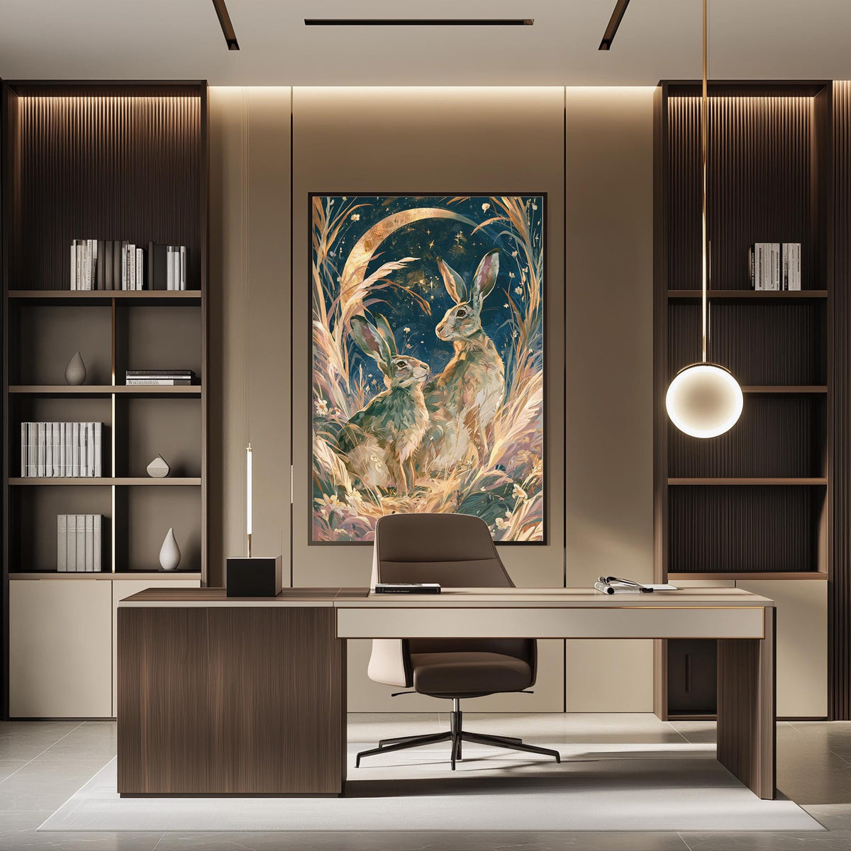 a modern and stylish office space with a large framed artwork of two rabbits on the wall, a wooden desk with a chair, and built-in bookshelves.