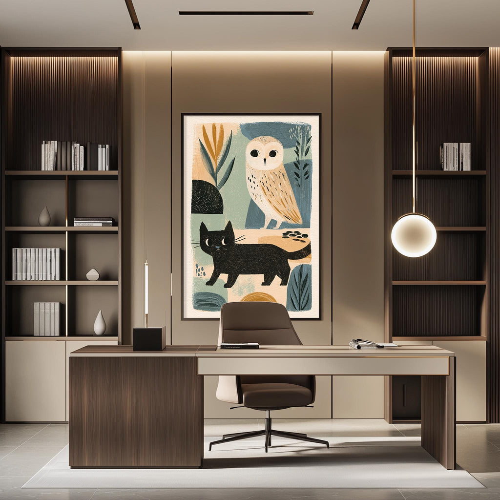 a modern and stylish office space with a large abstract painting of an owl and a cat on the wall. The office features a wooden desk, a comfortable chair, and a bookshelf filled with books. The overall design and decor create a sophisticated and contemporary atmosphere.