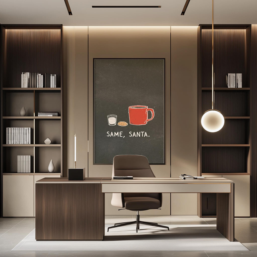 a modern office space with a desk, chair, and bookshelves. A large poster on the wall features a red mug and a cookie, accompanied by the text "SAME, SANTA."