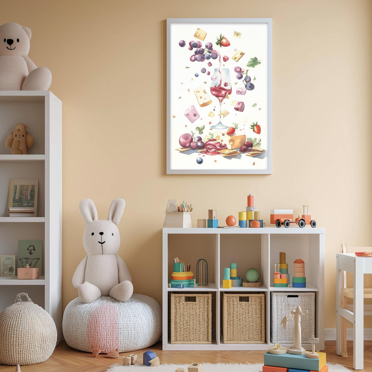 A child's bedroom with a white bookshelf, a stuffed rabbit, and a colorful toy box filled with various toys. A framed artwork depicting fruits and vegetables is hanging on the wall above the bookshelf.