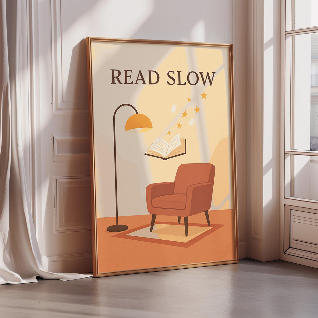 a poster with the text "READ SLOW" and an illustration of a lamp and a book on a table.