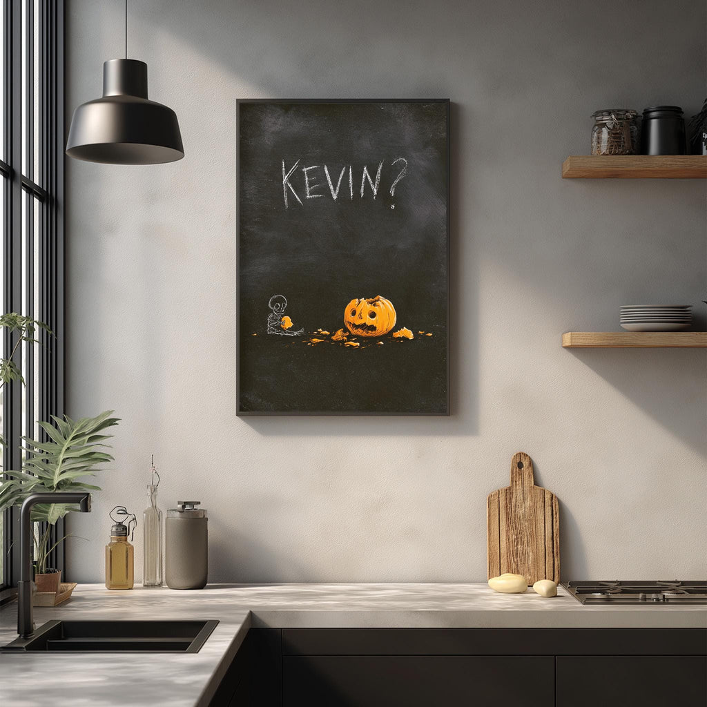 a kitchen counter with various items, including a pumpkin, a cutting board, and a plant. Above the counter, there is a framed image of a pumpkin with the word "KEVIN?" written on it.
