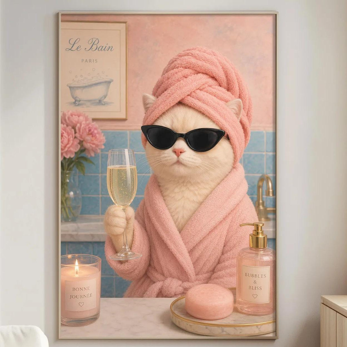 A cat wearing a pink bathrobe and sunglasses is sitting at a vanity, holding a glass of wine and surrounded by various bathroom items.