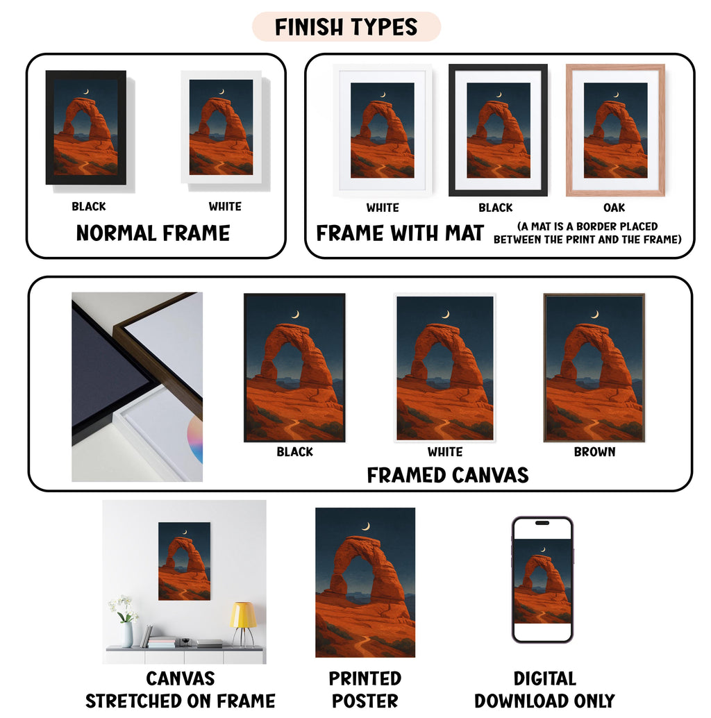 various finish types for a framed artwork depicting a desert landscape with a crescent moon. It includes a normal frame, a frame with a mat, a black frame, a white frame, a black frame, a white framed canvas, a stretched canvas, a printed poster, and a digital download only.