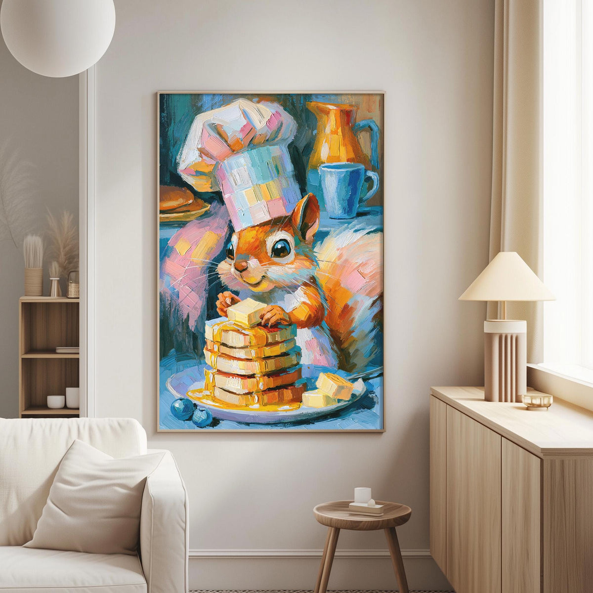a painting of a squirrel wearing a chef's hat and holding a plate of pancakes.