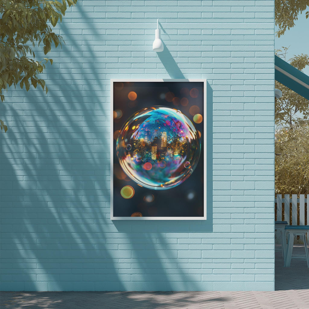 a large, colorful, abstract painting of a bubble or sphere hanging on a light blue brick wall.