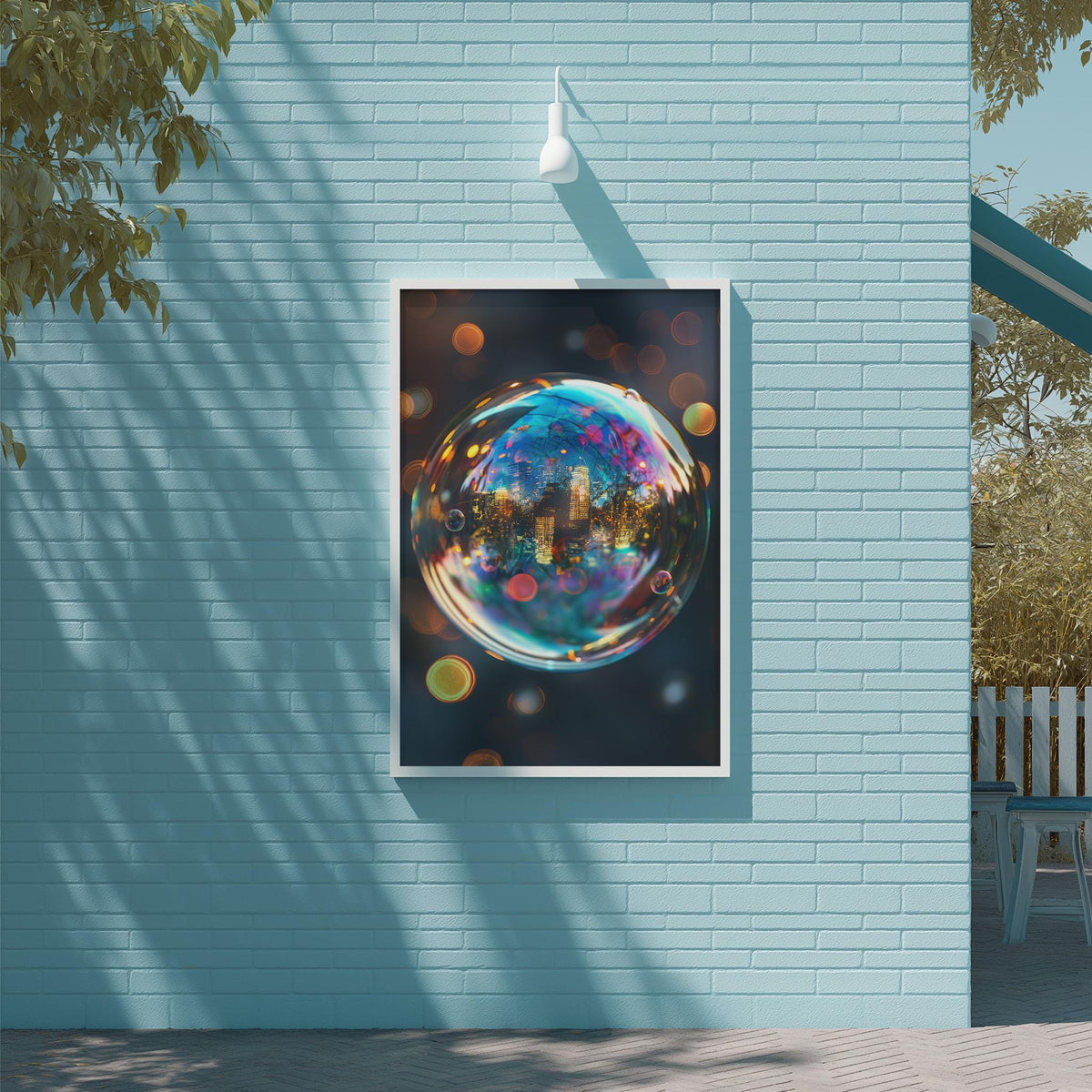 a large, colorful, abstract painting of a bubble or sphere hanging on a light blue brick wall.