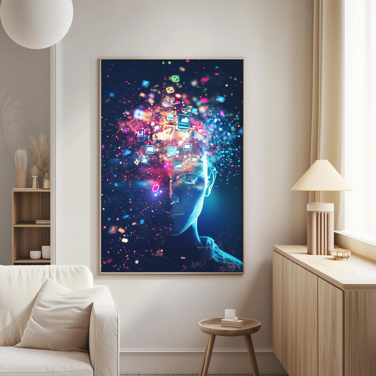 a large, colorful, abstract painting of a face with a glowing, futuristic background, hanging on a wall in a modern living room.