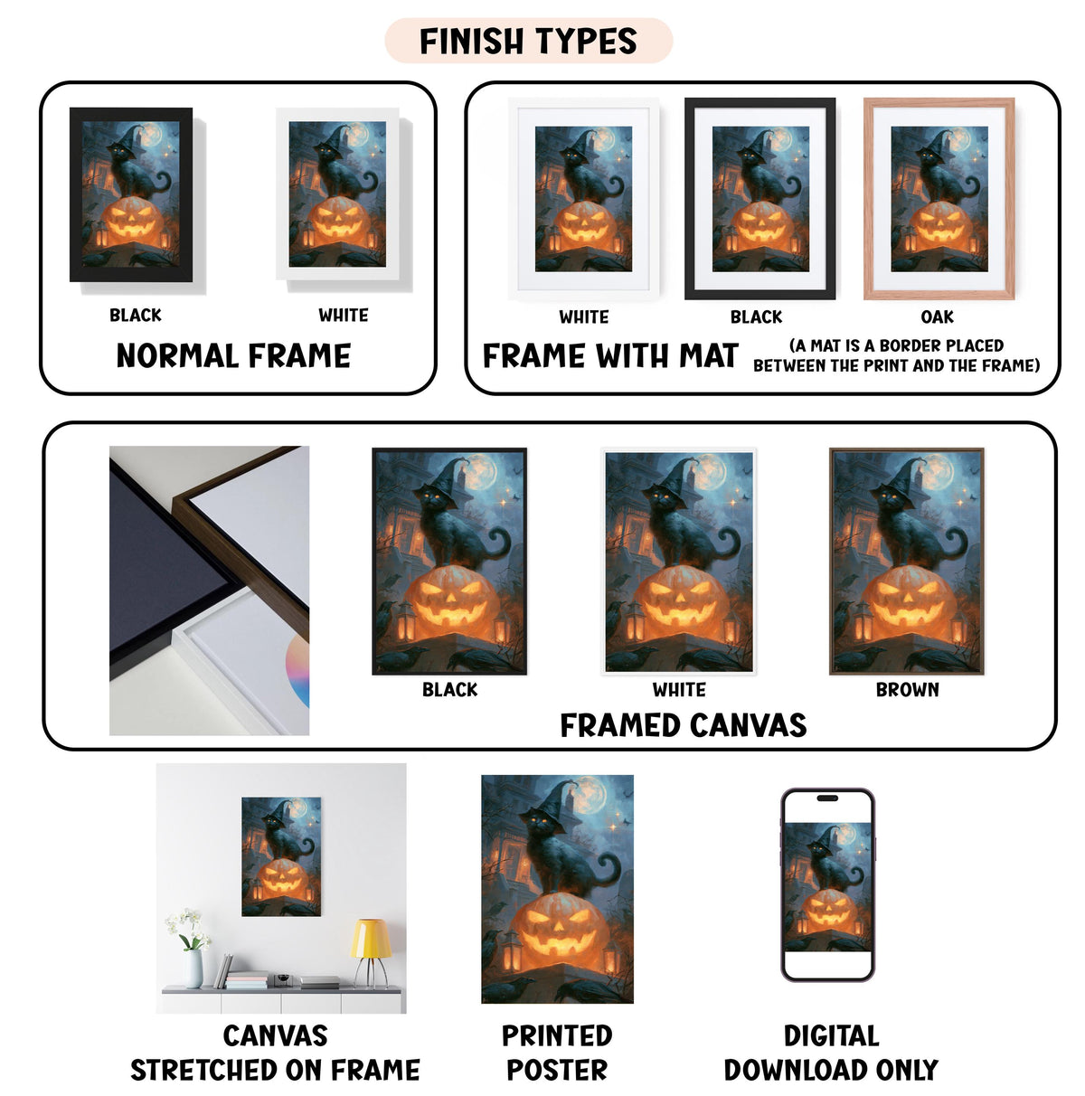 various images of a Halloween-themed artwork, including a framed canvas, a stretched canvas, a poster, and a digital download. The images showcase different finishes and frame types, such as black, white, and brown, as well as the presence of a mat between the print and the frame. The artwork is designed to be displayed in different settings, such as on a wall or in a frame.