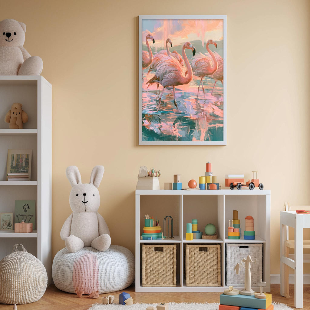 A child's bedroom with a stuffed rabbit, a bookshelf, and a framed painting of flamingos in a pink and green water scene.