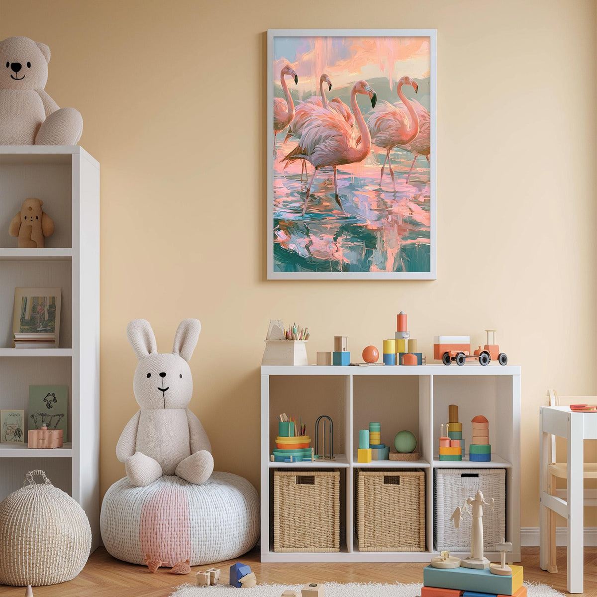 A child's bedroom with a stuffed rabbit, a bookshelf, and a framed painting of flamingos in a pink and green water scene.