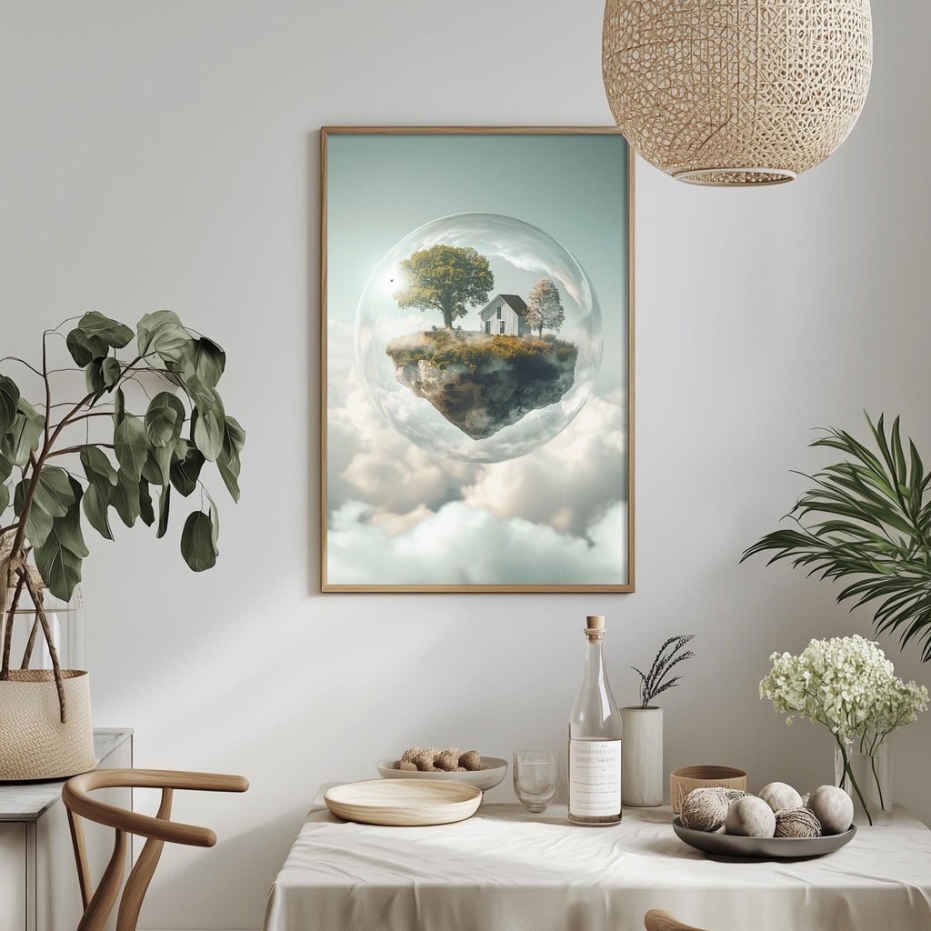 a serene indoor setting with a dining table, potted plants, and a framed picture of a floating island with a house on it, all set against a white wall.