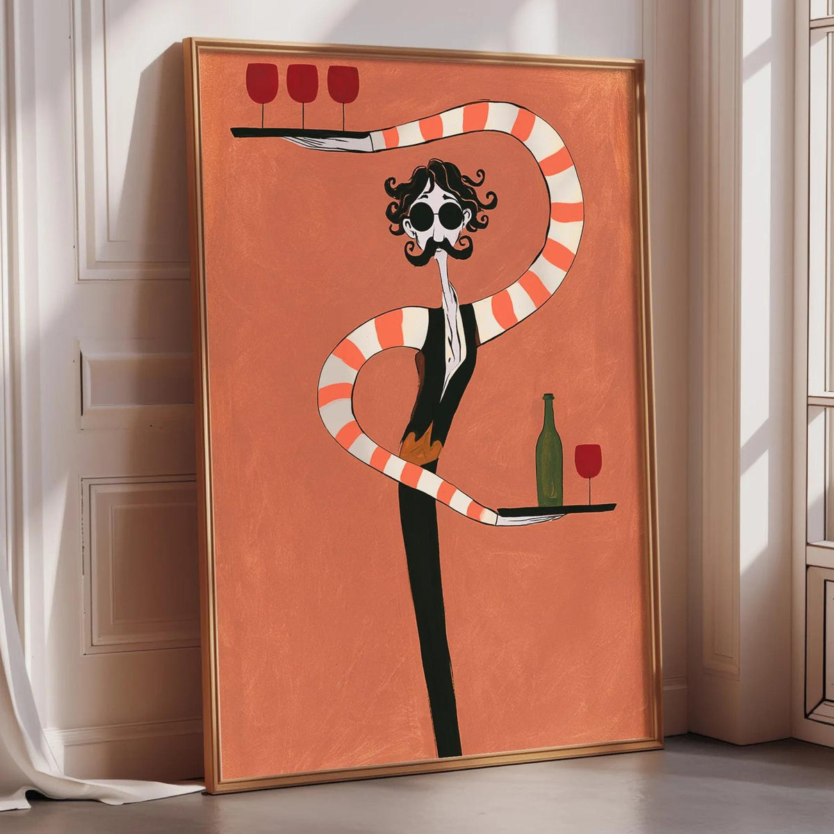 a large, colorful painting of a woman with a snake-like figure on her shoulder, holding a tray with three wine glasses.