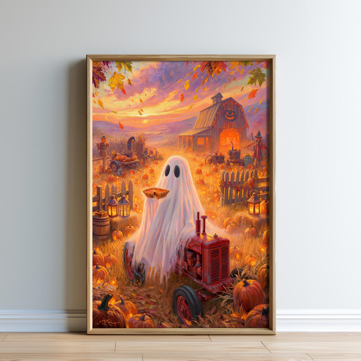 The image is a painting depicting a ghost riding a tractor through a pumpkin patch, with a barn and autumn foliage in the background.