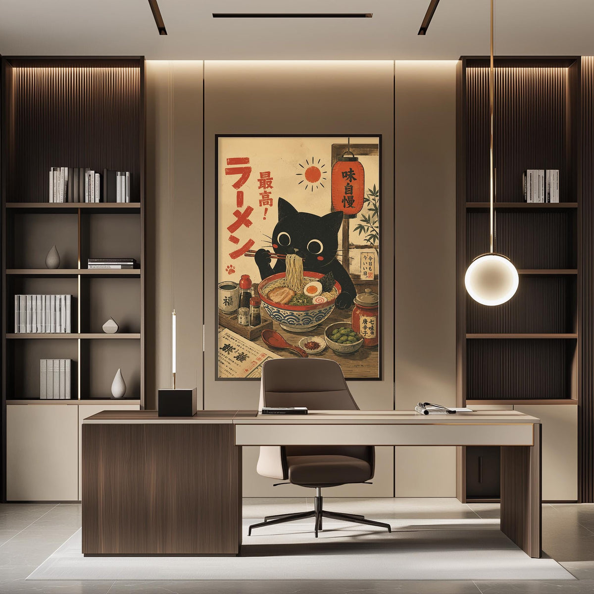 a modern office space with a large framed poster of a cat eating noodles on the wall. The office has a wooden desk, a chair, and a bookshelf. The overall design has a minimalist and contemporary aesthetic.
