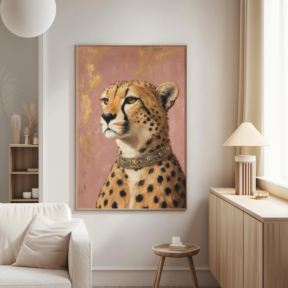 a large framed painting of a cheetah with a pink background and gold accents, hanging on a wall in a living room.