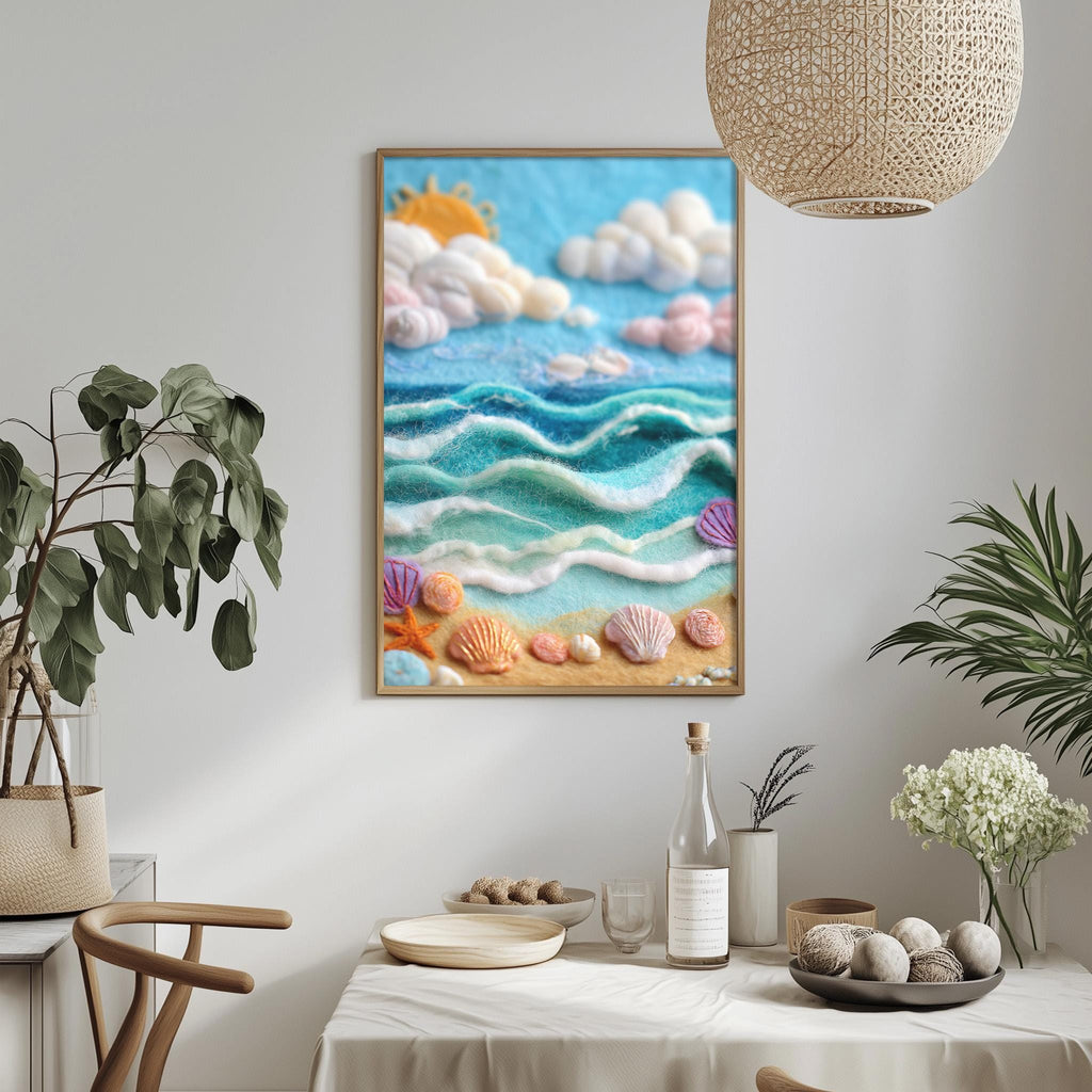 a framed painting of a beach scene with a blue sky, white clouds, and a sandy beach with shells and starfish. The painting is hung on a wall above a dining table with various decorative items and plants.