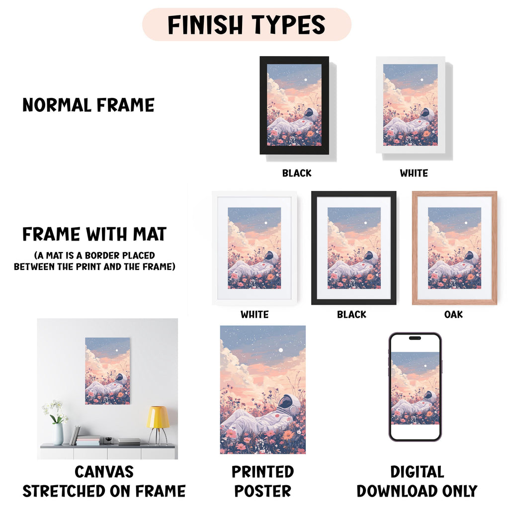 various types of artwork, including a canvas stretched on a frame, a framed poster, and a digital poster. The artwork is presented in different frame colors and styles, such as a normal frame, a black frame, a white frame, and an oak frame. The artwork is described as a canvas stretched on a frame, a framed poster, and a digital poster, and it is labeled as a finish type.