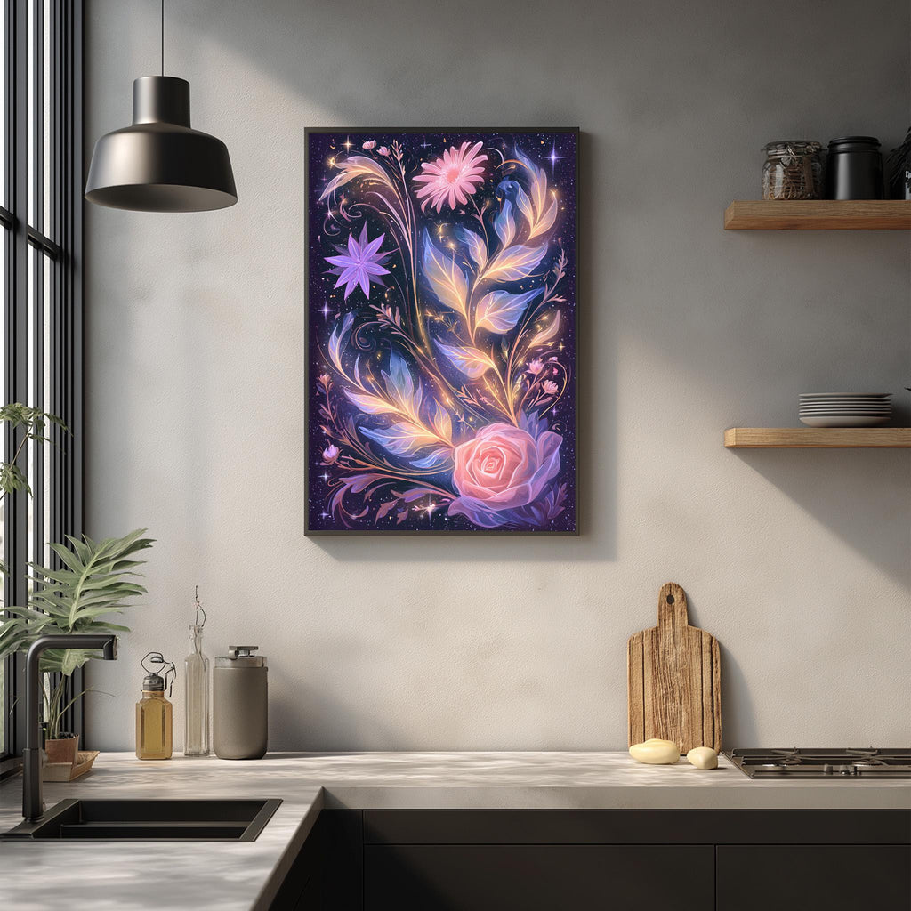 a kitchen counter with a framed artwork of a floral design hanging above it. The artwork has a vibrant and colorful design with various flowers and leaves. The kitchen counter also has a cutting board, a bottle, and some other kitchen items.
