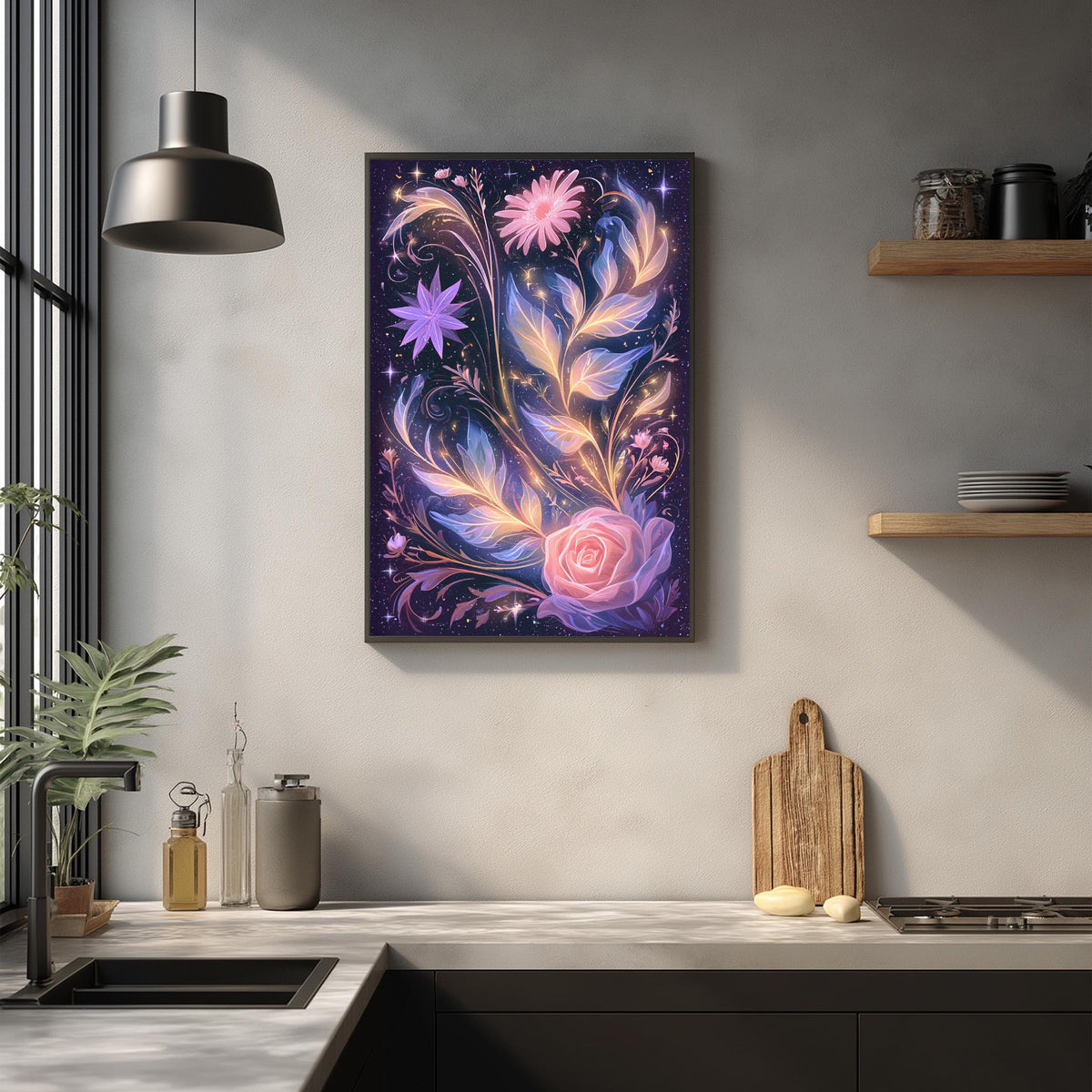 a kitchen counter with a framed artwork of a floral design hanging above it. The artwork has a vibrant and colorful design with various flowers and leaves. The kitchen counter also has a cutting board, a bottle, and some other kitchen items.
