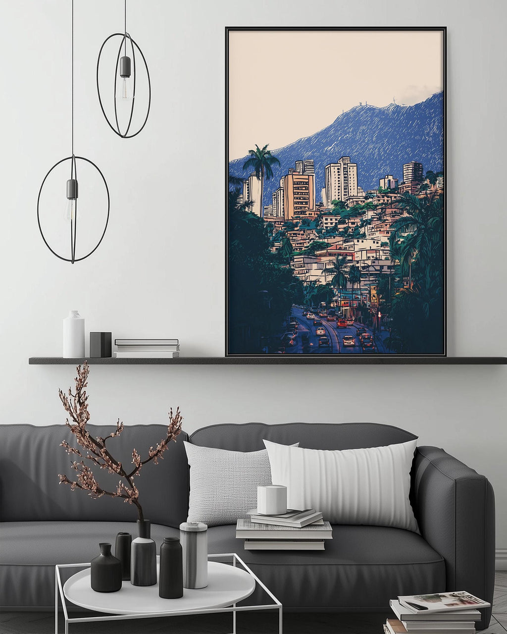 a modern living room with a gray sofa, a coffee table, and a large framed picture of a cityscape hanging on the wall above the sofa.