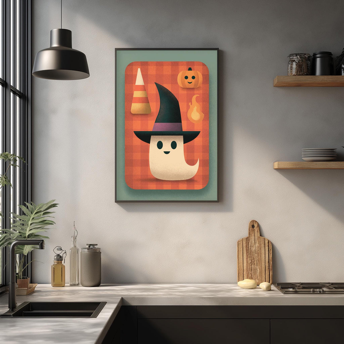 a kitchen counter with a framed illustration of a ghost wearing a witch's hat, surrounded by Halloween-themed objects such as a pumpkin, a candy cane, and a wooden cutting board.