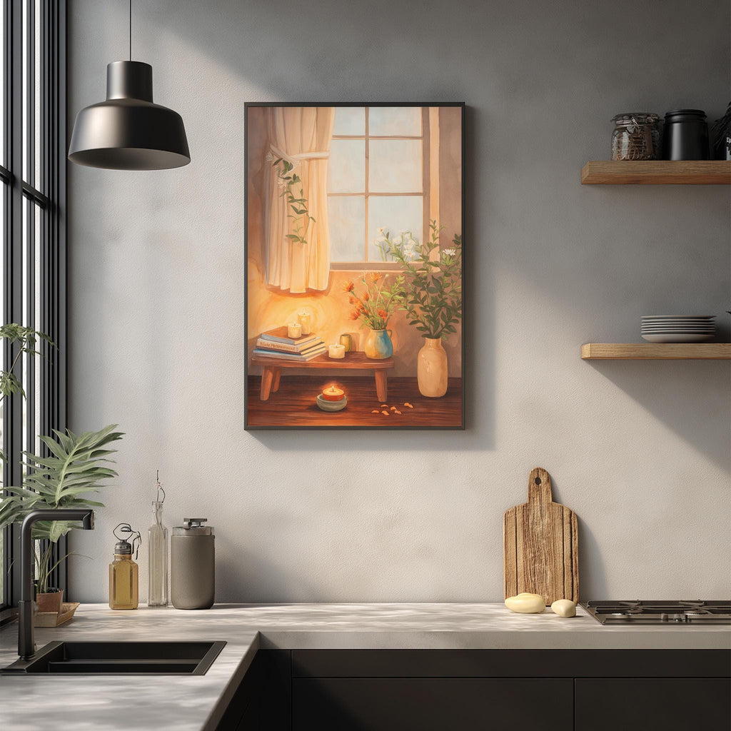 a cozy kitchen scene with a wooden cutting board, a vase of flowers, and a candle on the counter. The kitchen features a sink, a window, and shelves displaying various kitchen items.