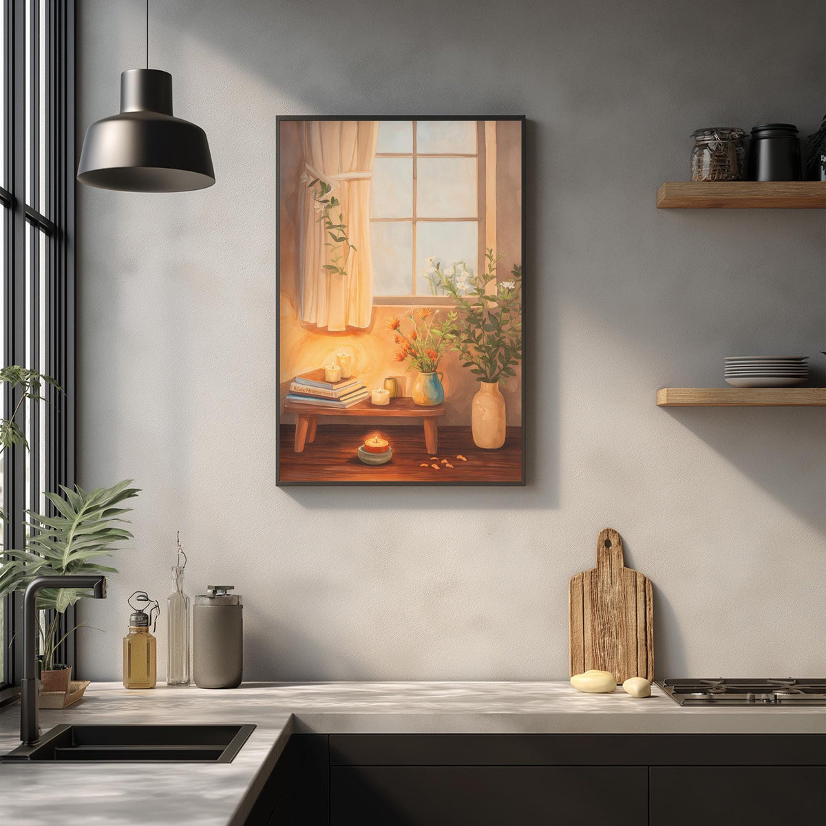 a cozy kitchen scene with a wooden cutting board, a vase of flowers, and a candle on the counter. The kitchen features a sink, a window, and shelves displaying various kitchen items.
