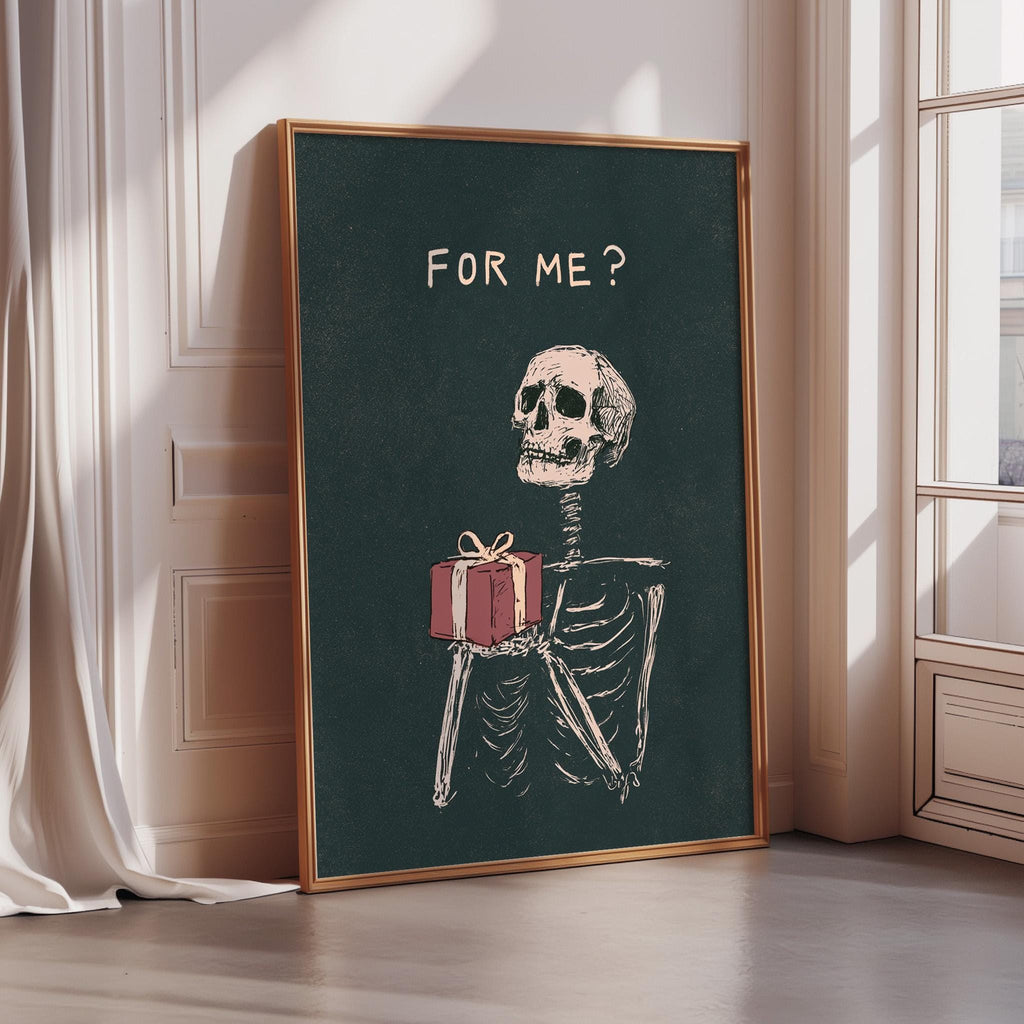 a skeleton holding a present, with the text "FOR ME?" displayed above the skeleton.