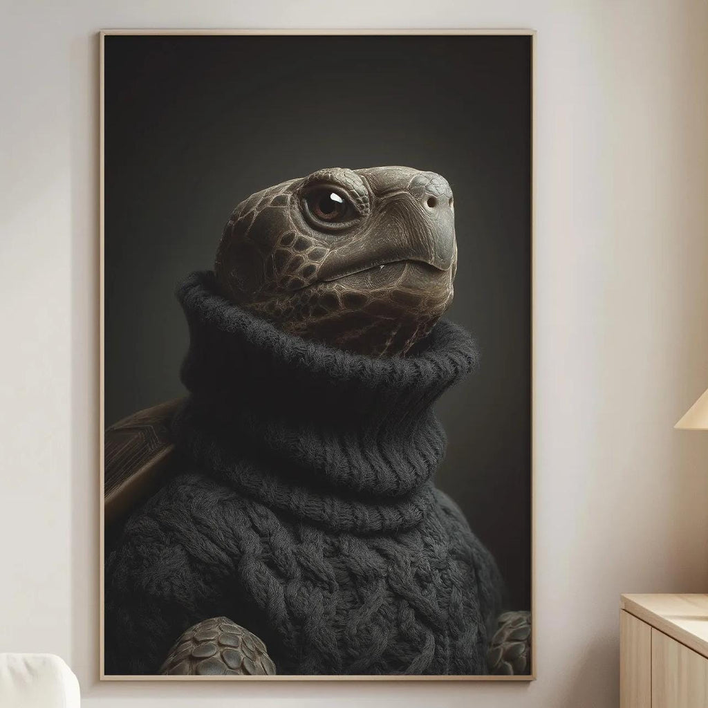 a large framed picture of a turtle wearing a black sweater, hanging on a wall in a living room.