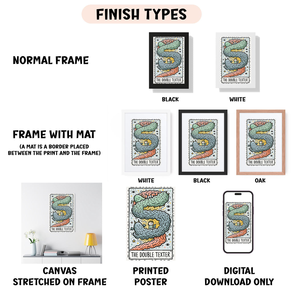 various finish types for artwork, including a normal frame, a frame with a mat, a white frame, a black frame, an oak frame, a white canvas stretched on a frame, a printed poster, and a digital download only.